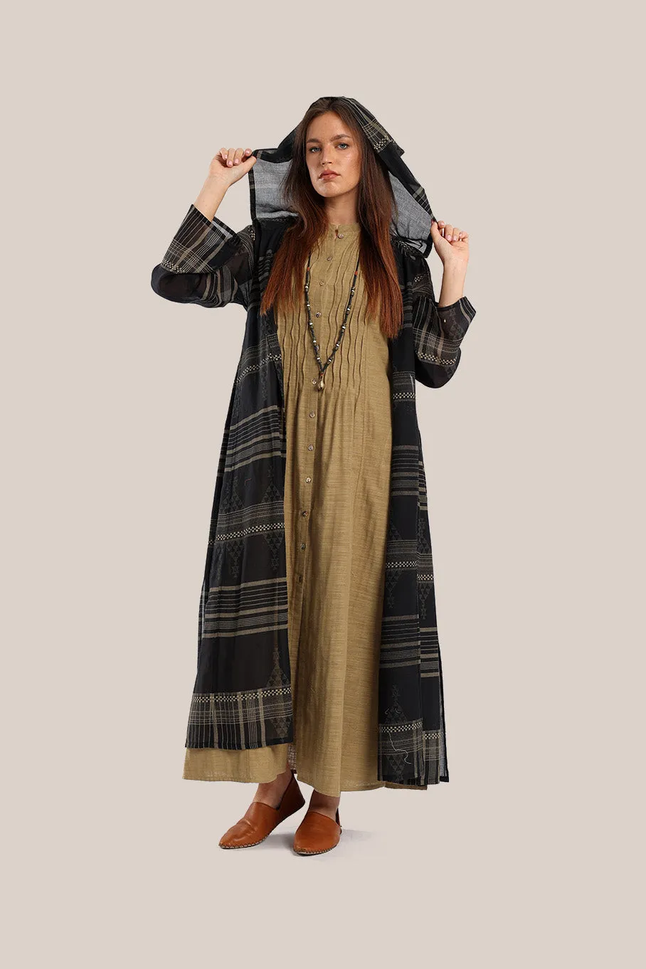 Long hooded coat in printed cotton