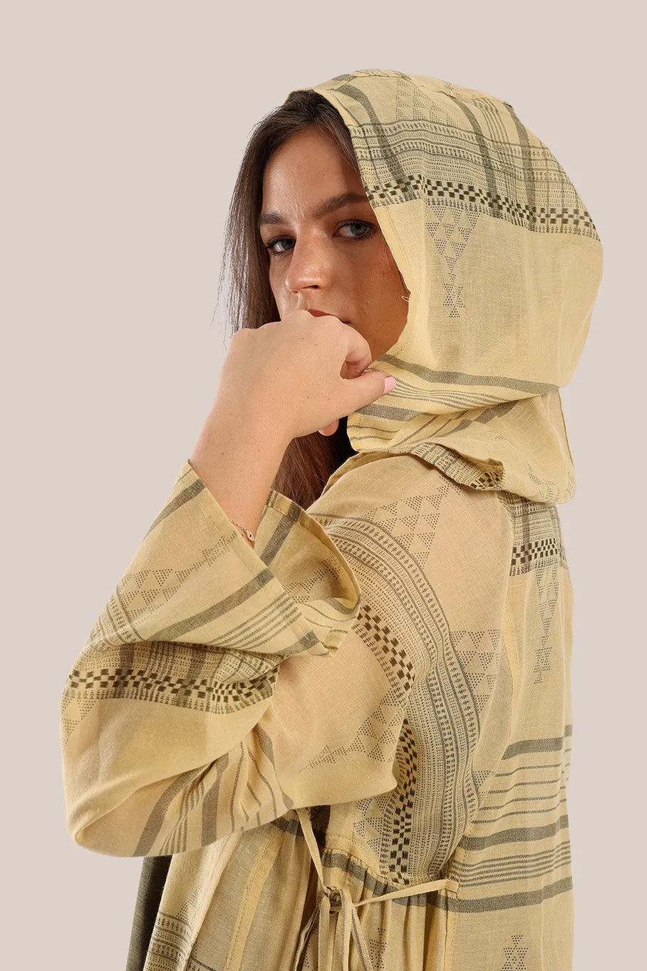 Long hooded coat in printed cotton