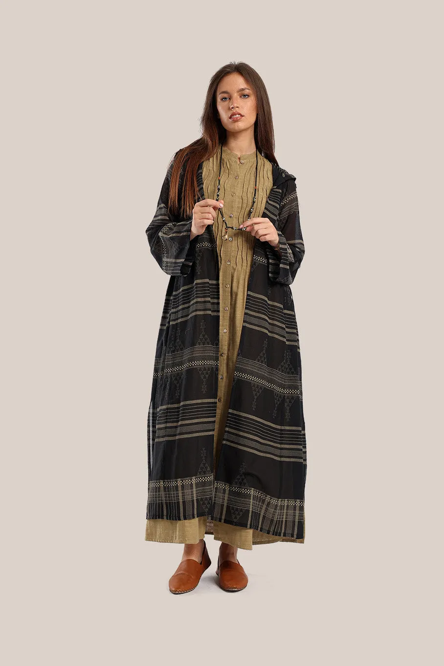 Long hooded coat in printed cotton