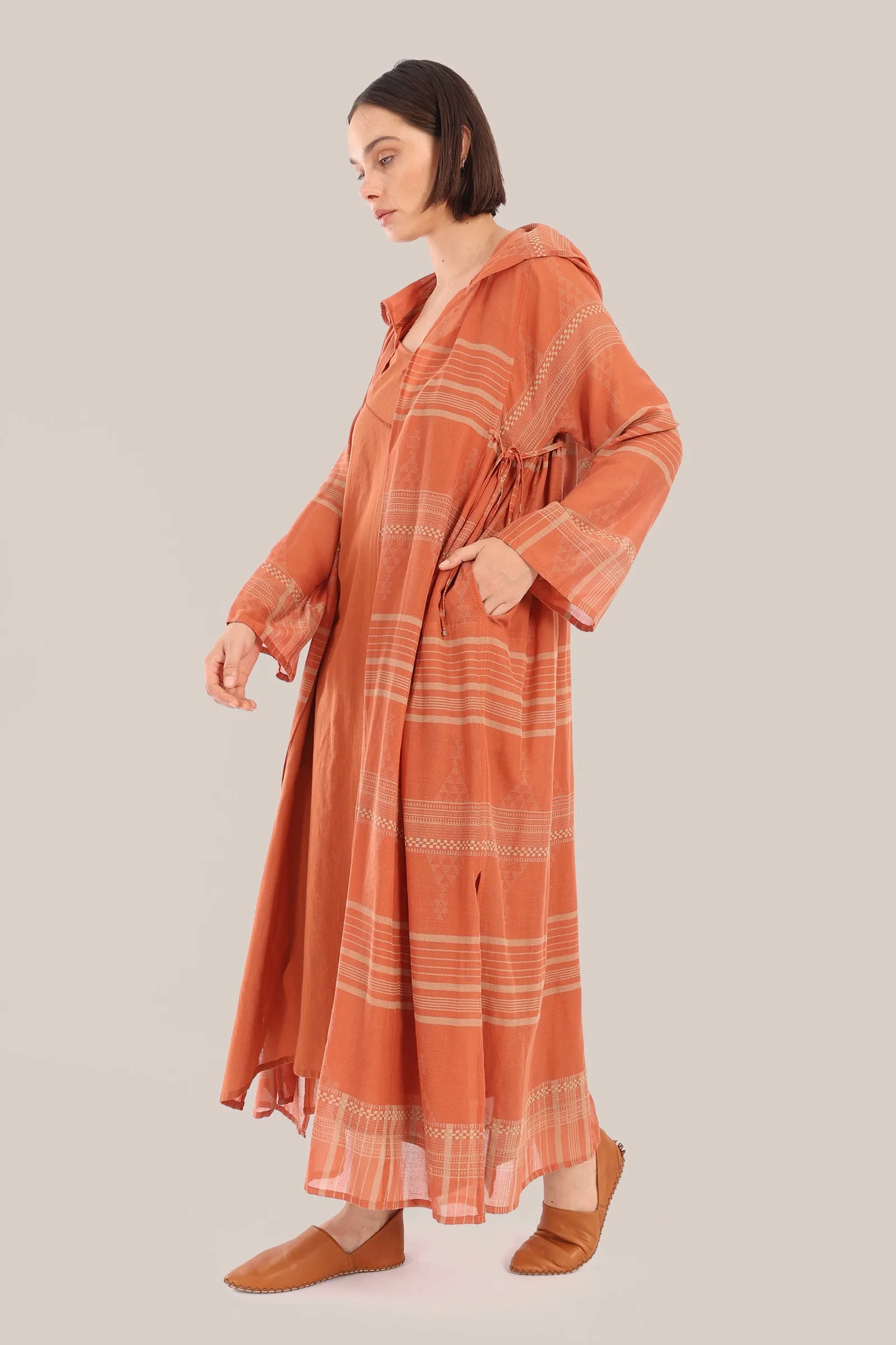 Long hooded coat in printed cotton