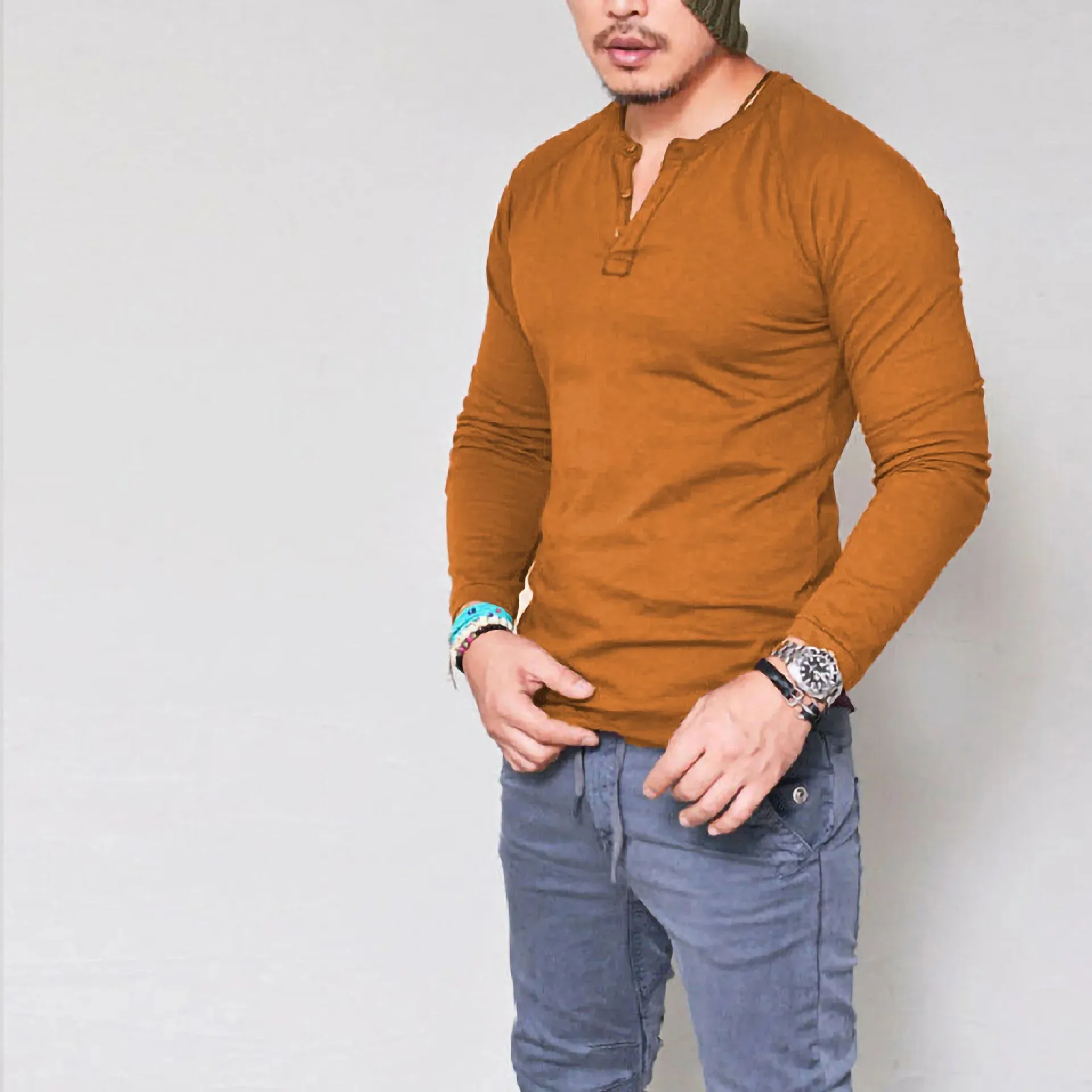 LONG SLEEVE V-NECK COTTON T-SHIRT