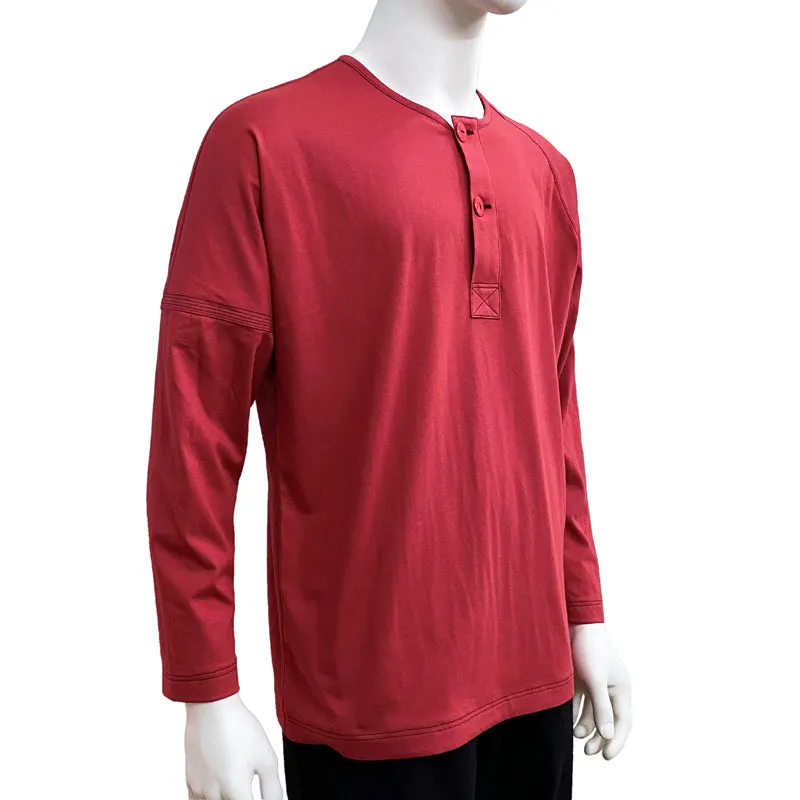 Loose Fit Long Sleeve Henley, Cherry Red