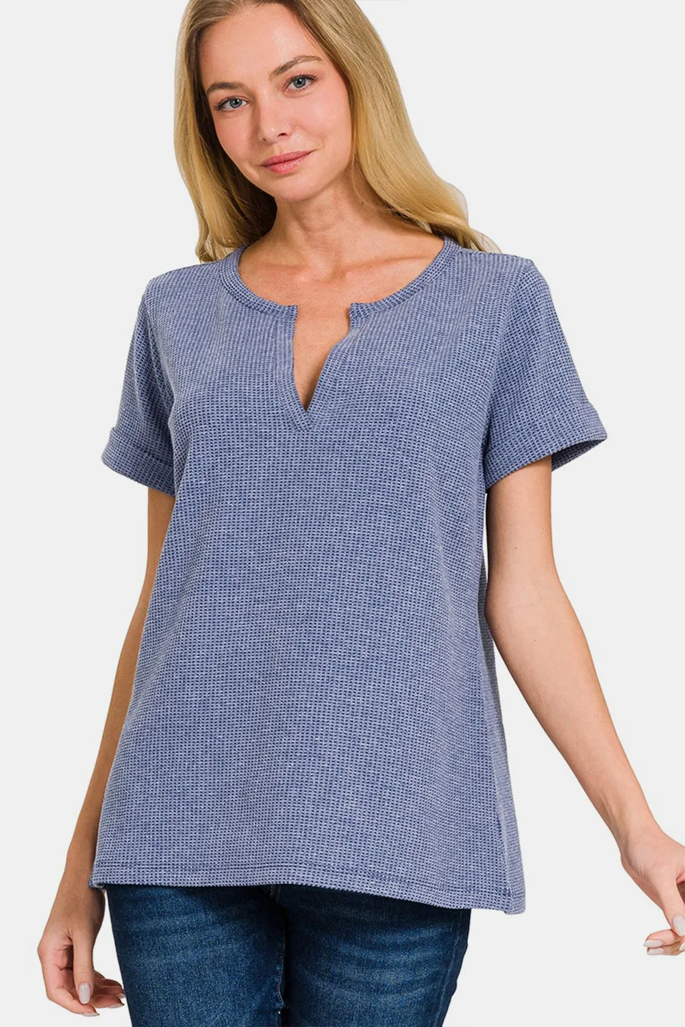 Melange Baby Waffle Henley Neck Short Sleeve Top