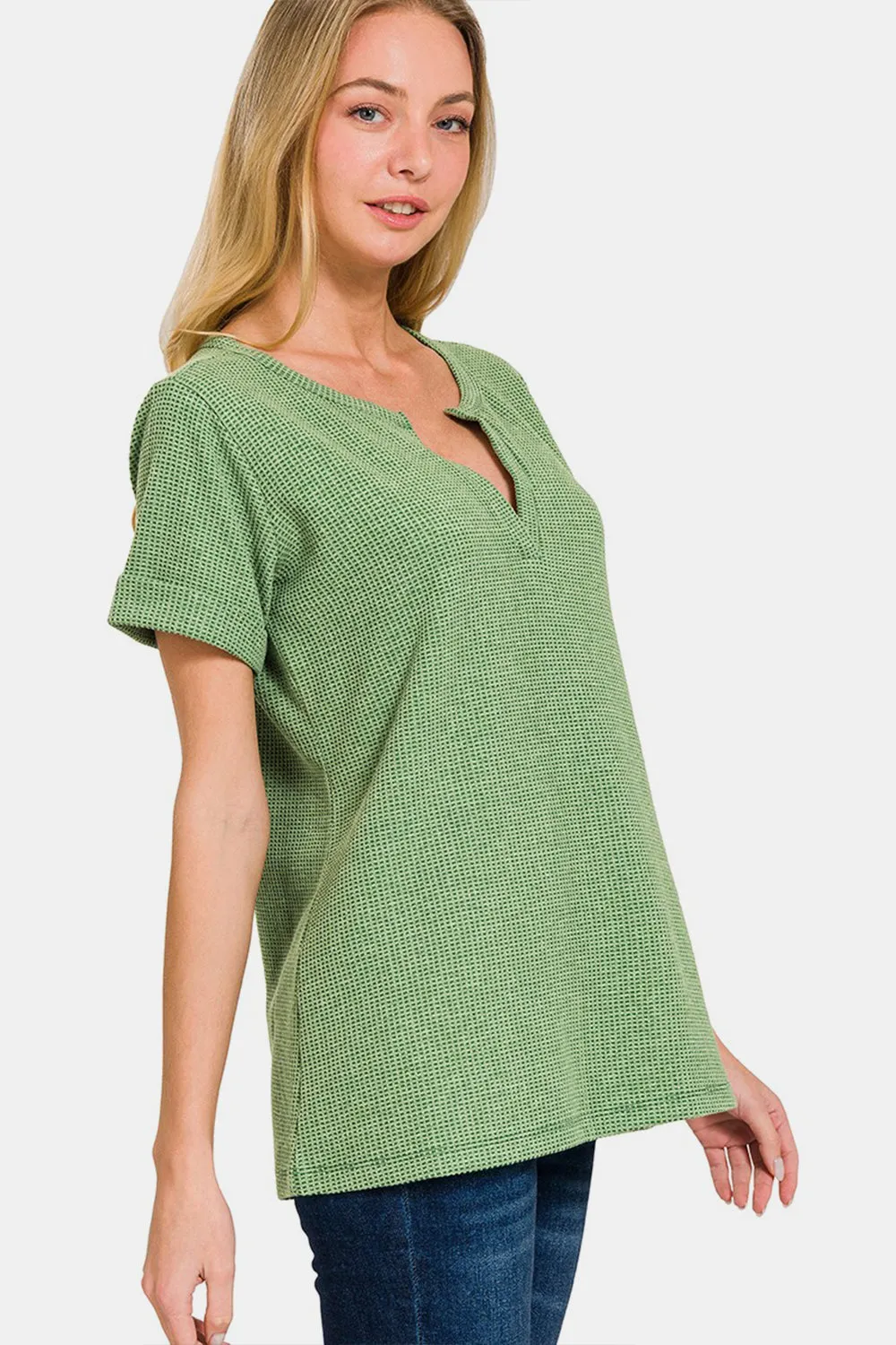 Melange Baby Waffle Henley Neck Short Sleeve Top