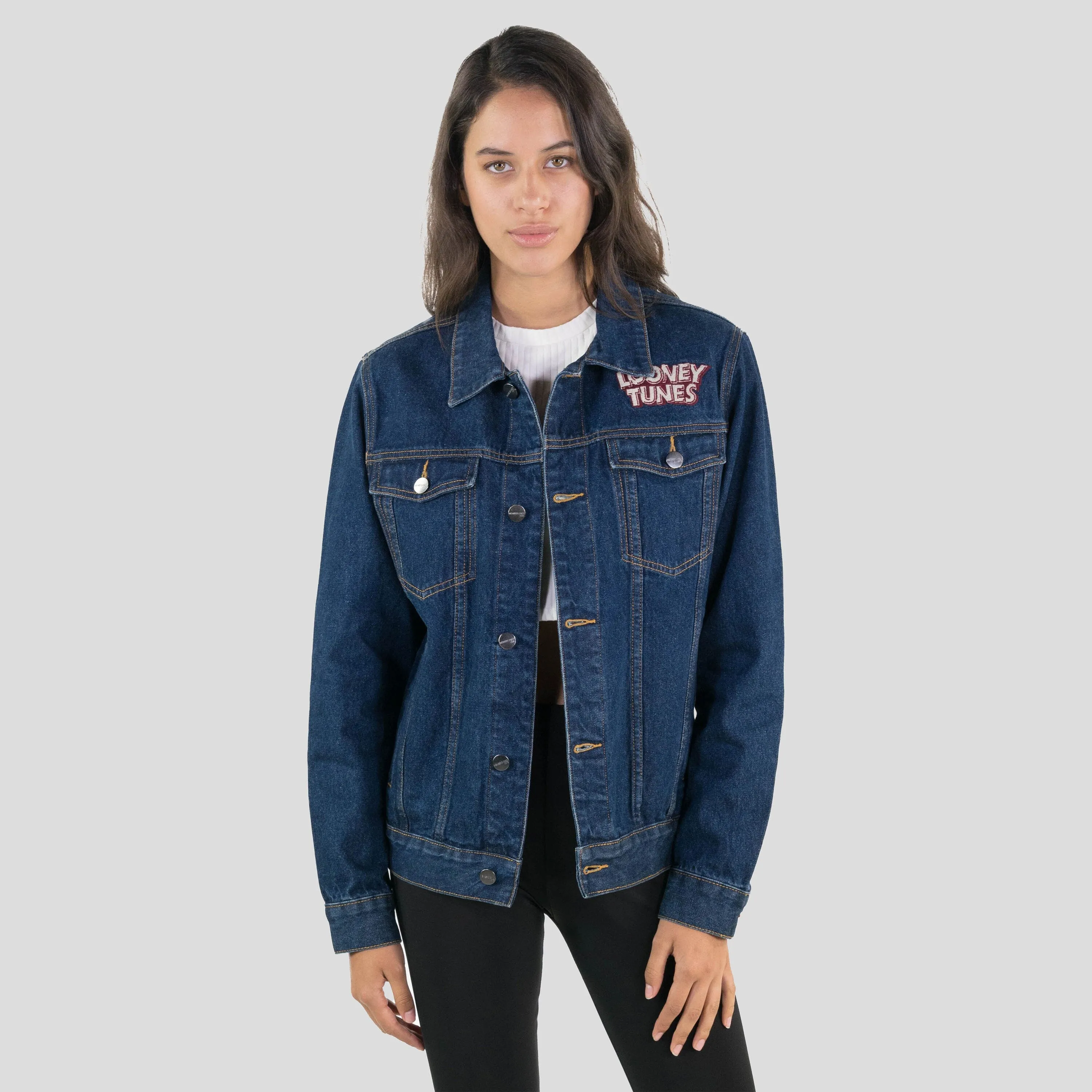 Members Only Women's Looney Tunes Denim Trucker Oversized Jacket