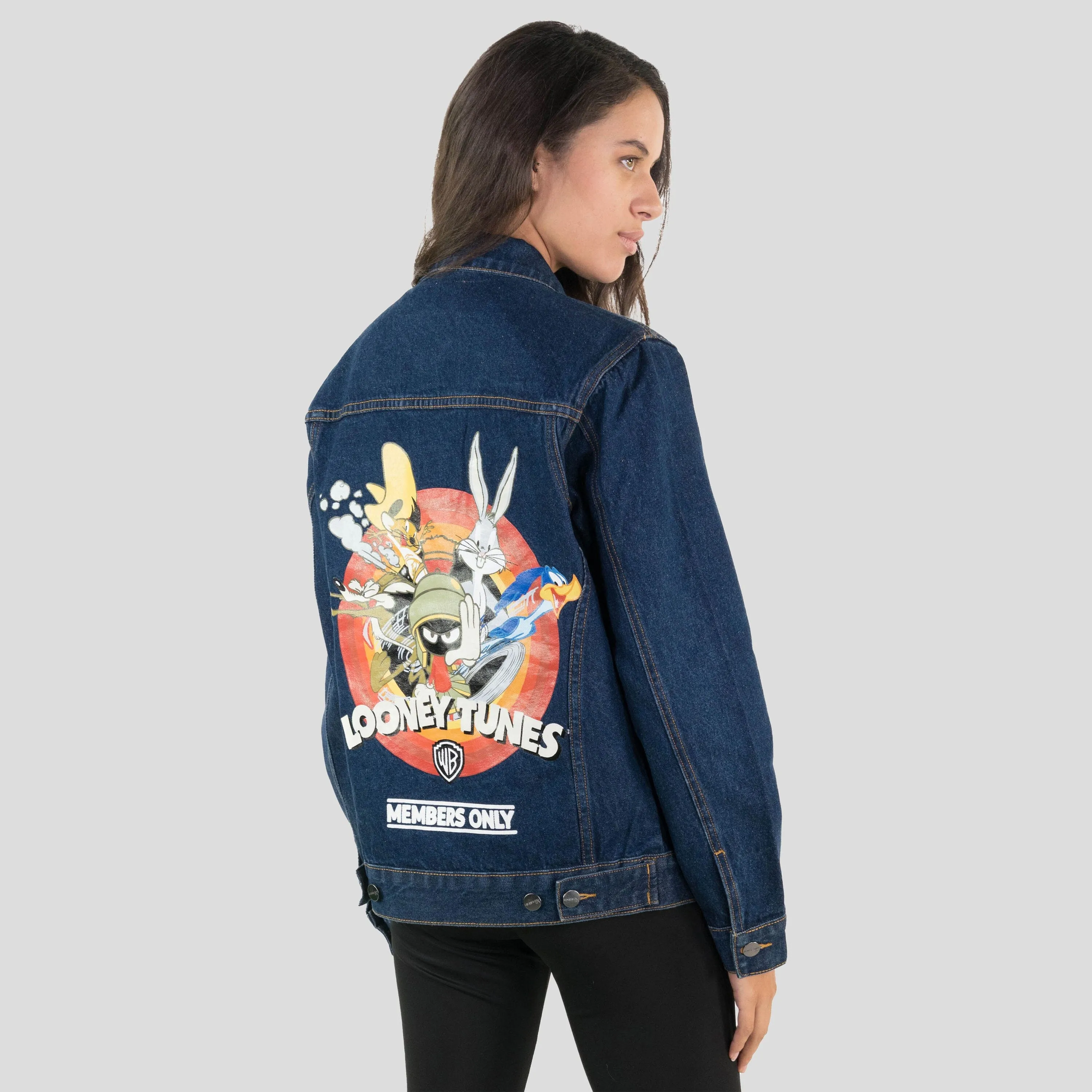 Members Only Women's Looney Tunes Denim Trucker Oversized Jacket