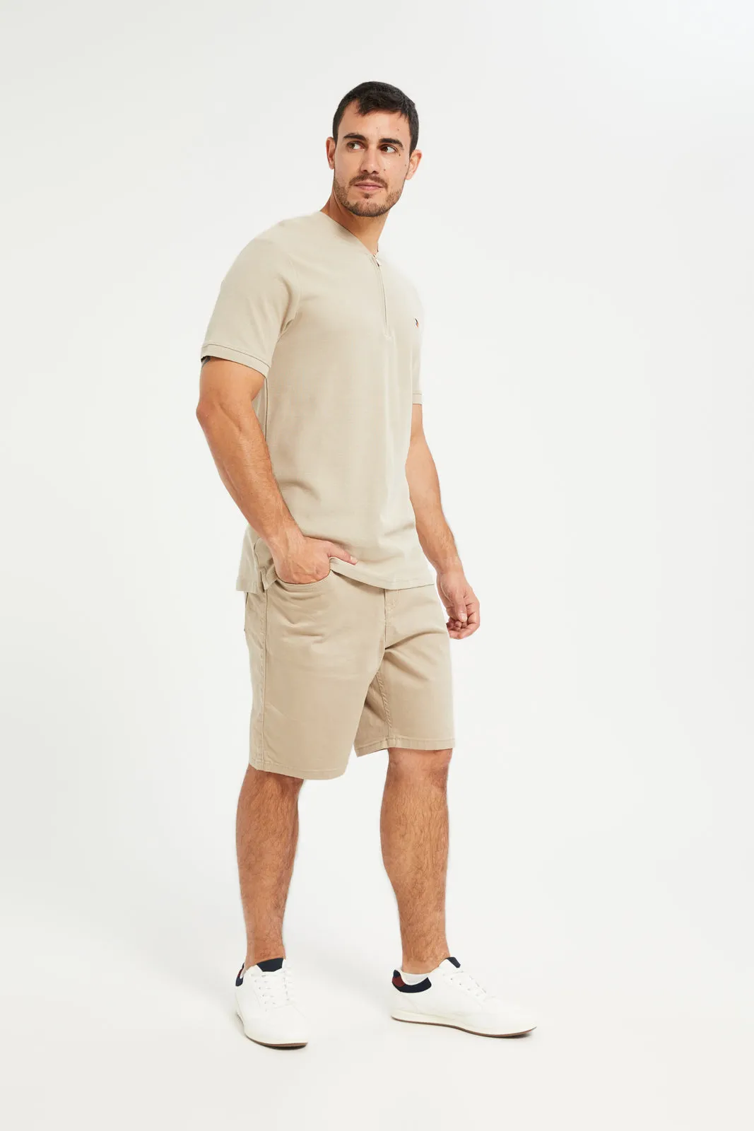 Men Beige Henley Polo Shirt