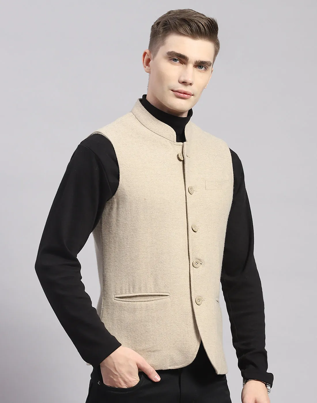 Men Beige Solid Mandarin Collar Sleeveless Nehru Jacket