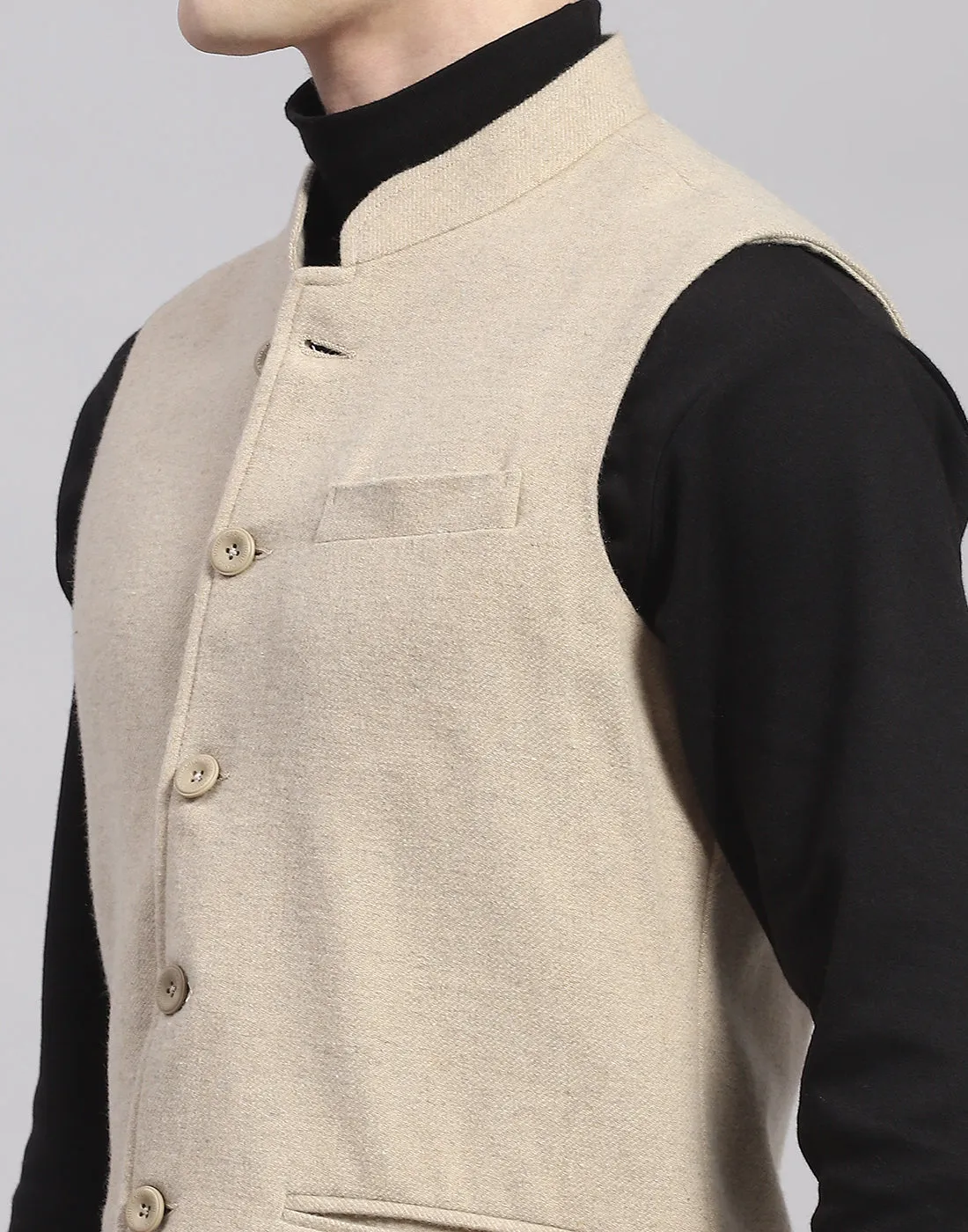 Men Beige Solid Mandarin Collar Sleeveless Nehru Jacket