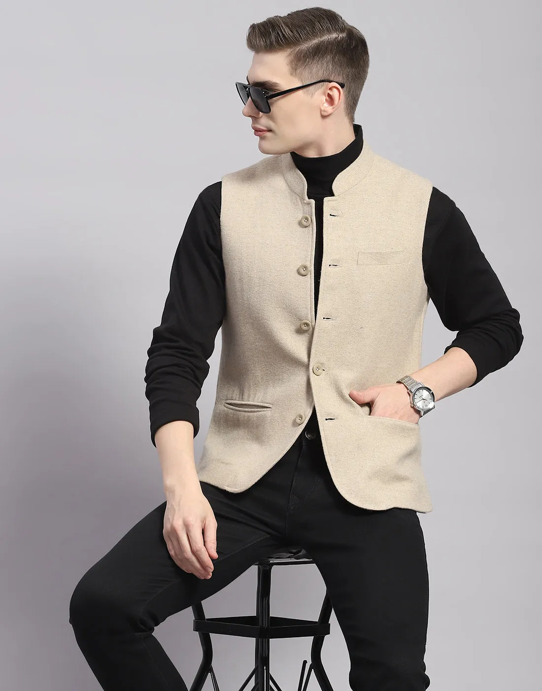 Men Beige Solid Mandarin Collar Sleeveless Nehru Jacket