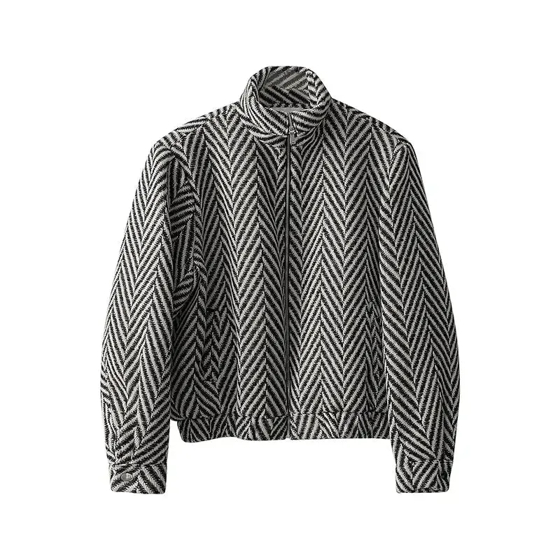 Men black and white plaid woolen jacket coat