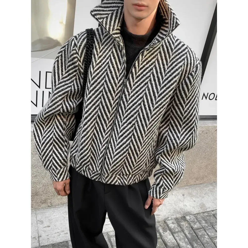 Men black and white plaid woolen jacket coat