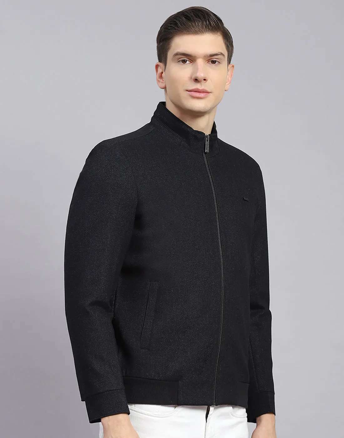 Men Black Self Design Stand Collar Full Sleeve Jacket