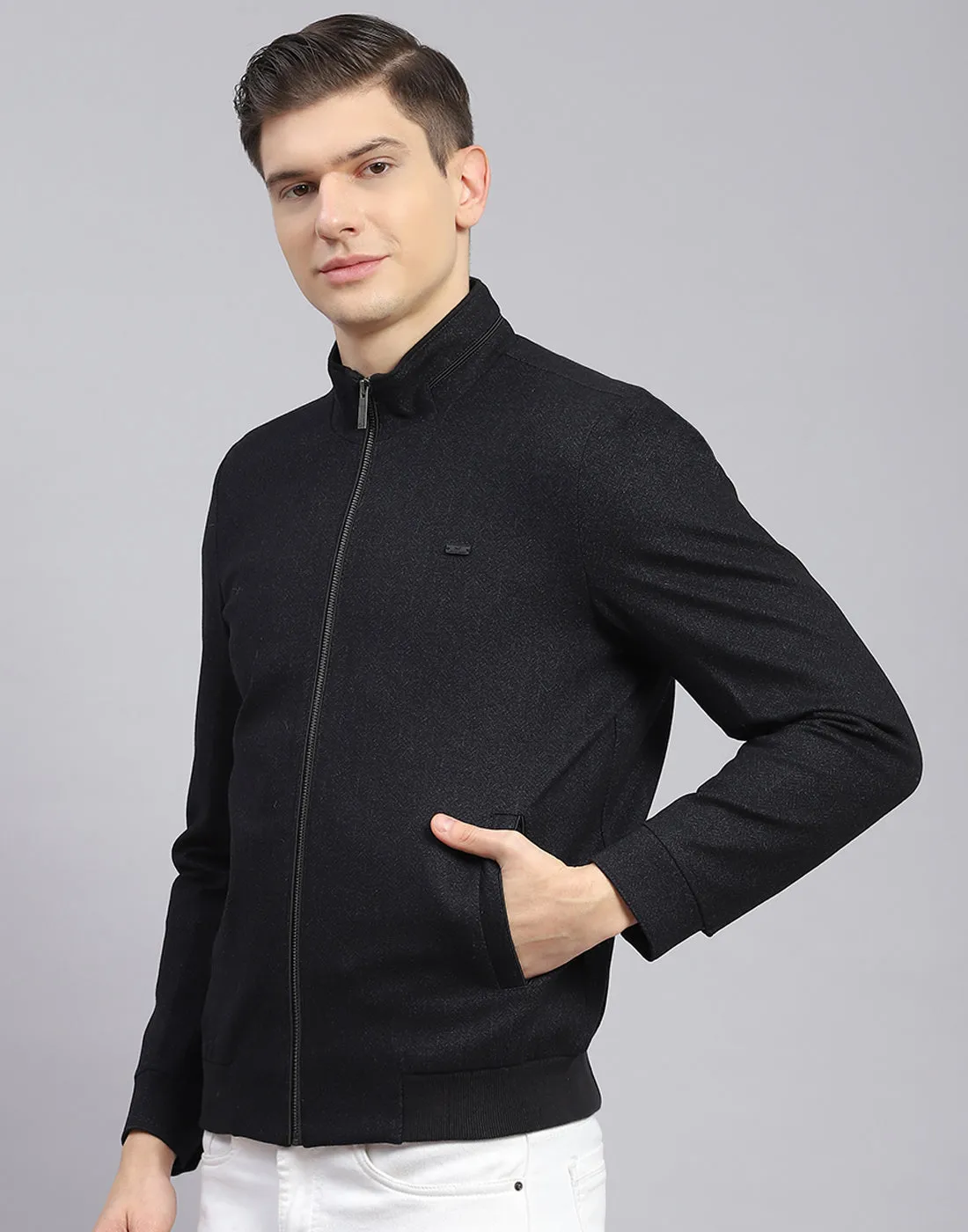 Men Black Self Design Stand Collar Full Sleeve Jacket