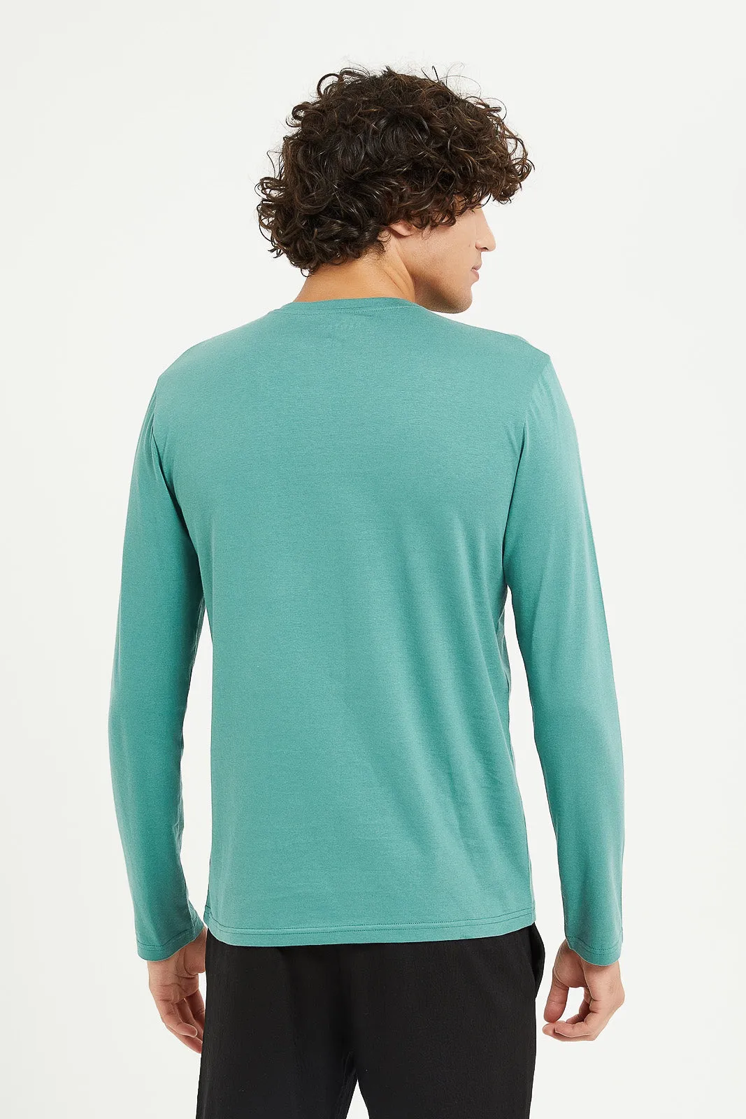 Men Green Long Sleeve Henley Shirt