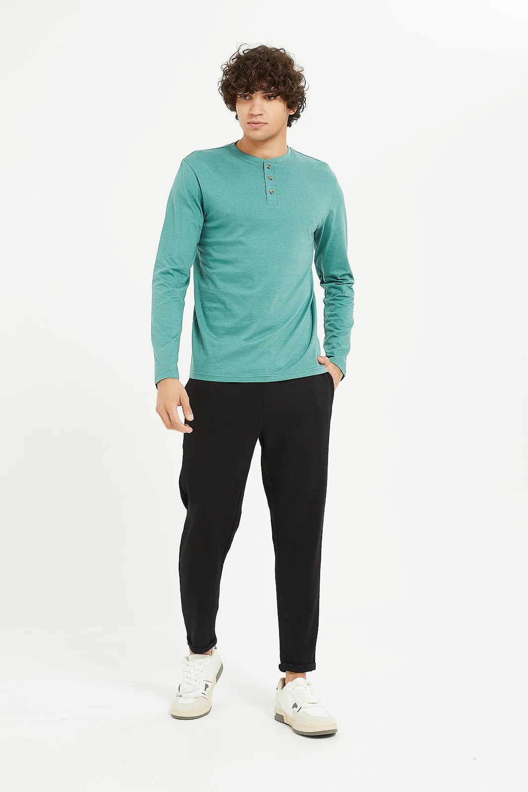 Men Green Long Sleeve Henley Shirt