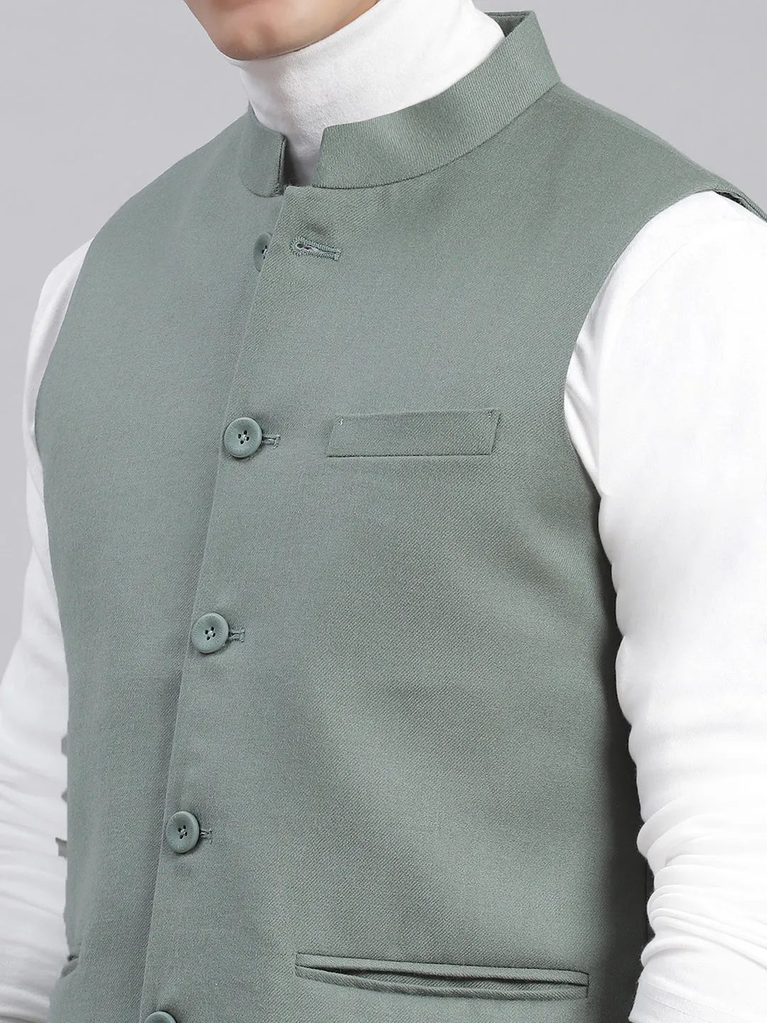 Men Green Solid Mandarin Collar Sleeveless Nehru Jackets