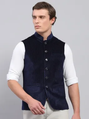 Men Navy Blue Self Design Band Collar Sleeveless Coat