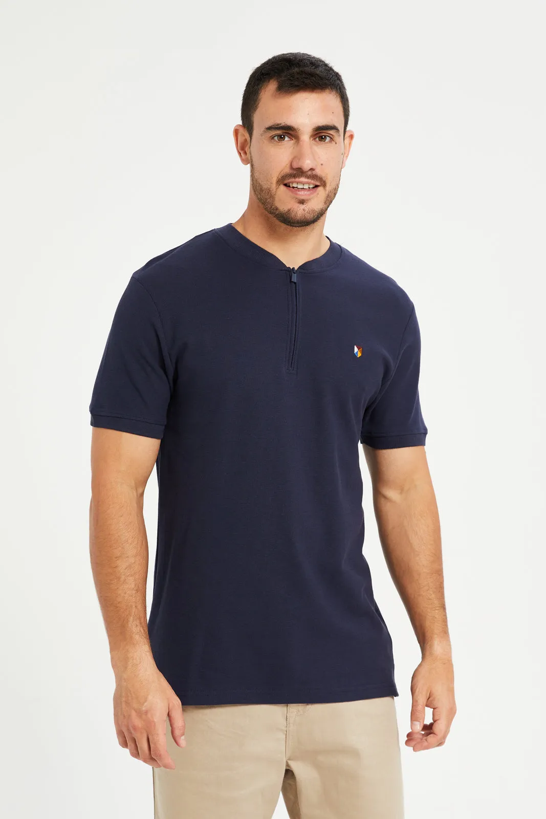 Men Navy Henley Polo Shirt