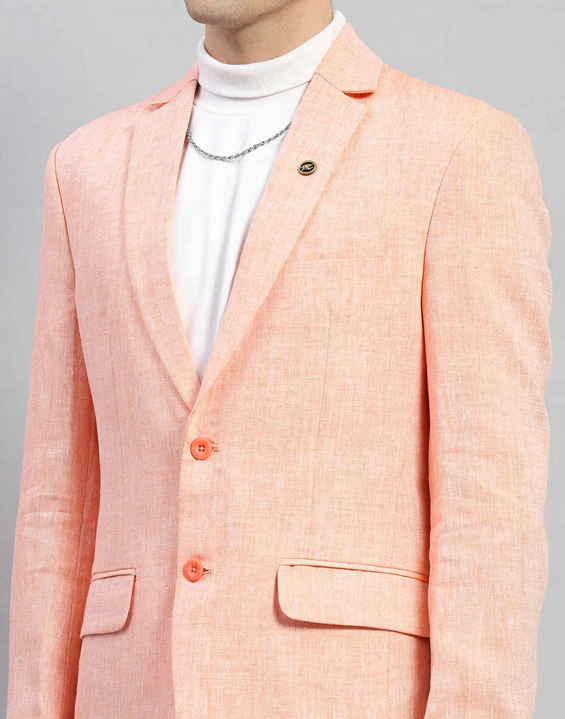 Men Orange Solid Notch Lapel Collar Full Sleeve Blazer