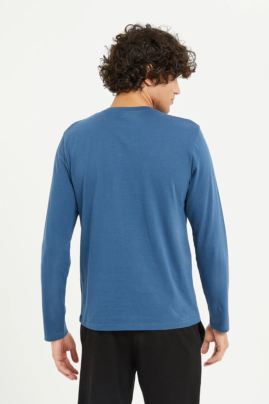 Men Plain Blue Long Sleeve Henley