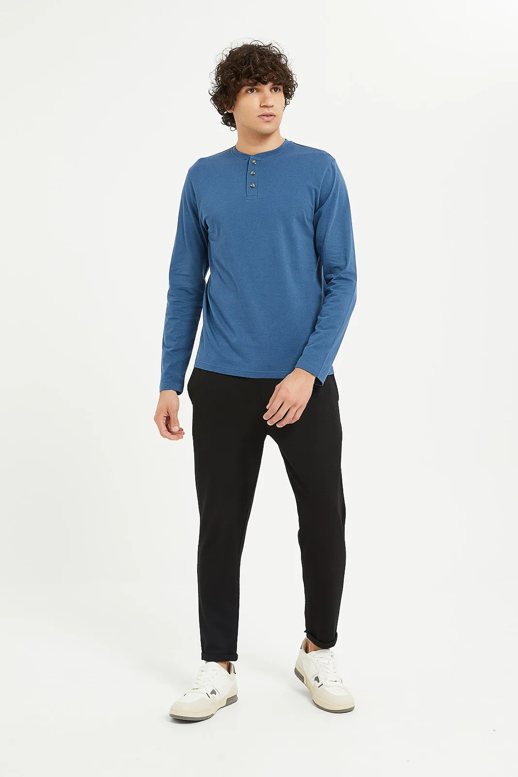 Men Plain Blue Long Sleeve Henley