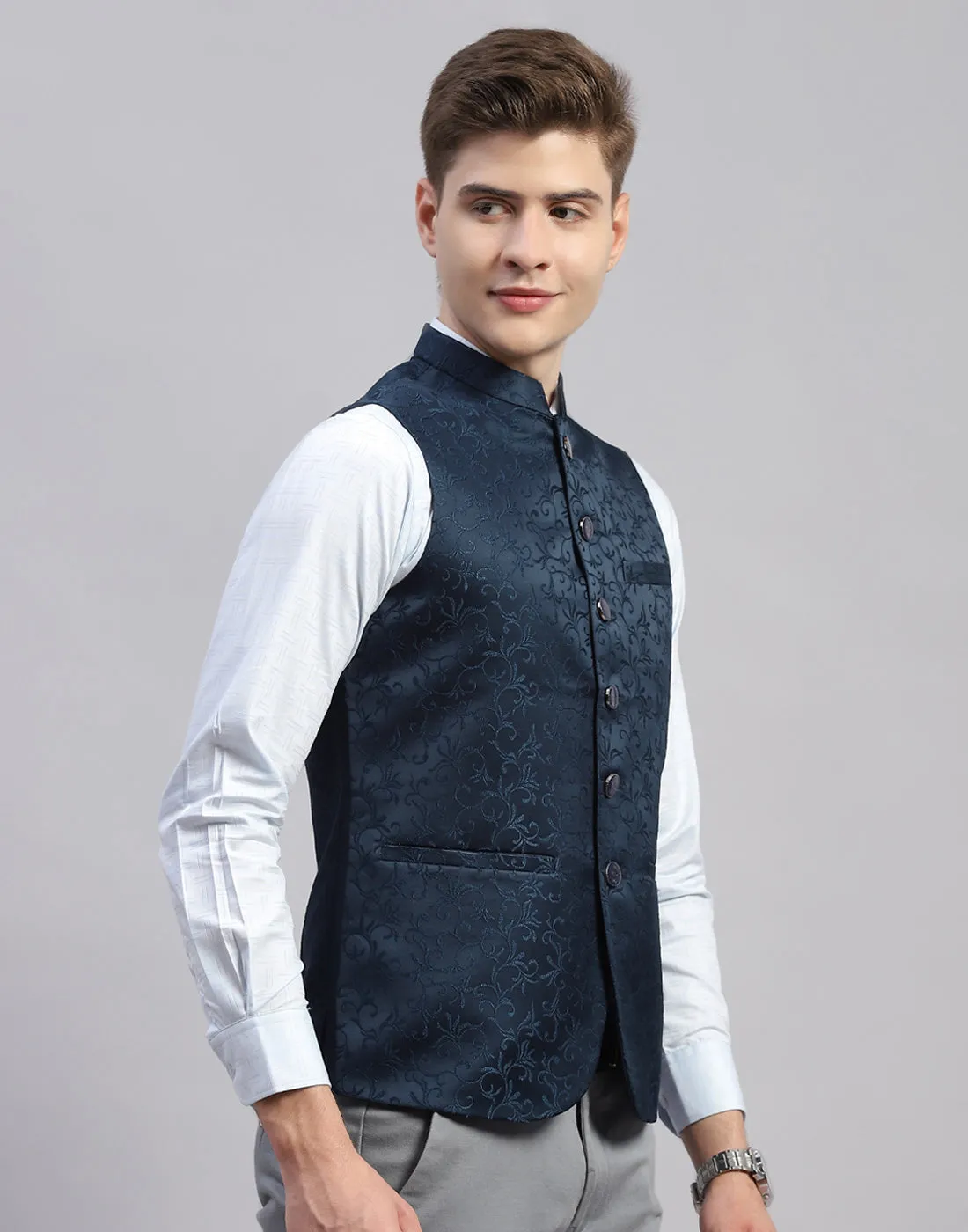 Men Teal Blue Embroidered Mandarin Neck Sleeveless Nehru Jacket