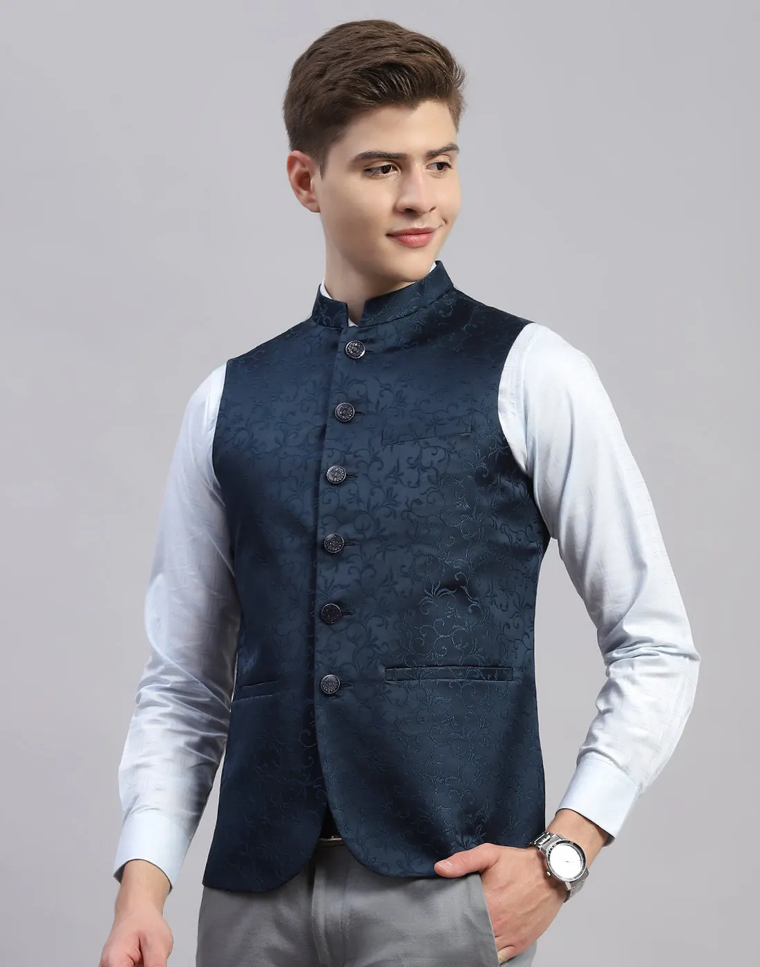 Men Teal Blue Embroidered Mandarin Neck Sleeveless Nehru Jacket