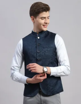 Men Teal Blue Embroidered Mandarin Neck Sleeveless Nehru Jacket