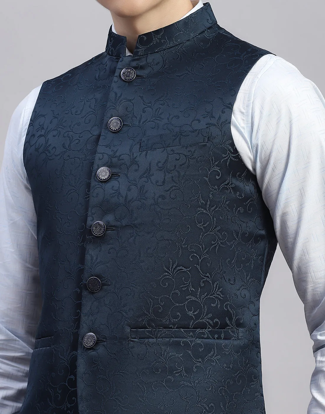 Men Teal Blue Embroidered Mandarin Neck Sleeveless Nehru Jacket