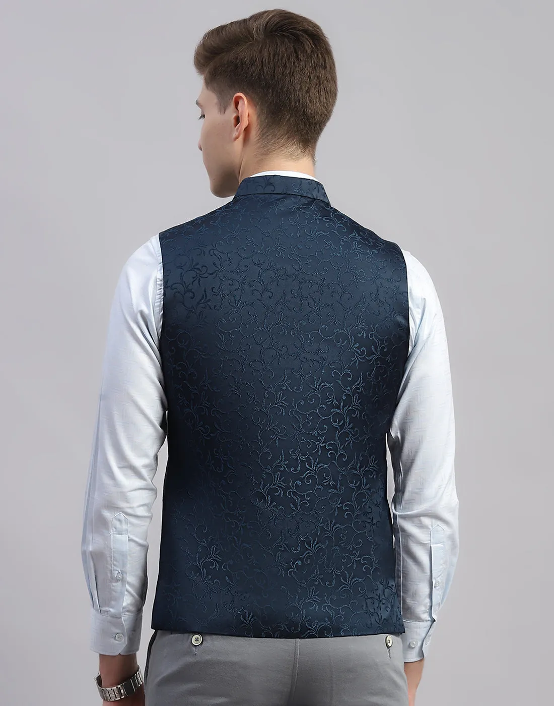 Men Teal Blue Embroidered Mandarin Neck Sleeveless Nehru Jacket