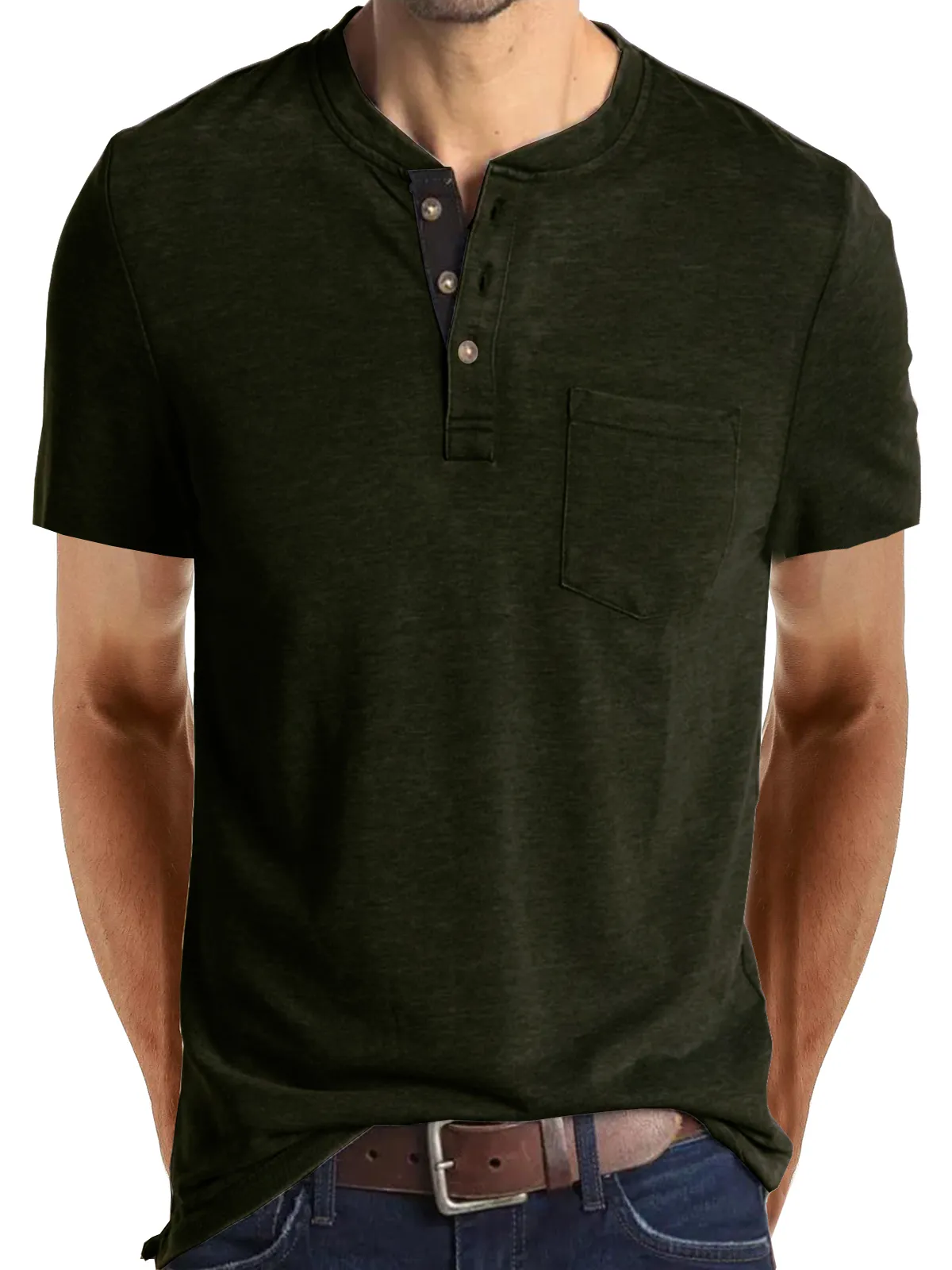 Men's Casual Henley Collar Solid Color Cotton Short Sleeve T-Shirt