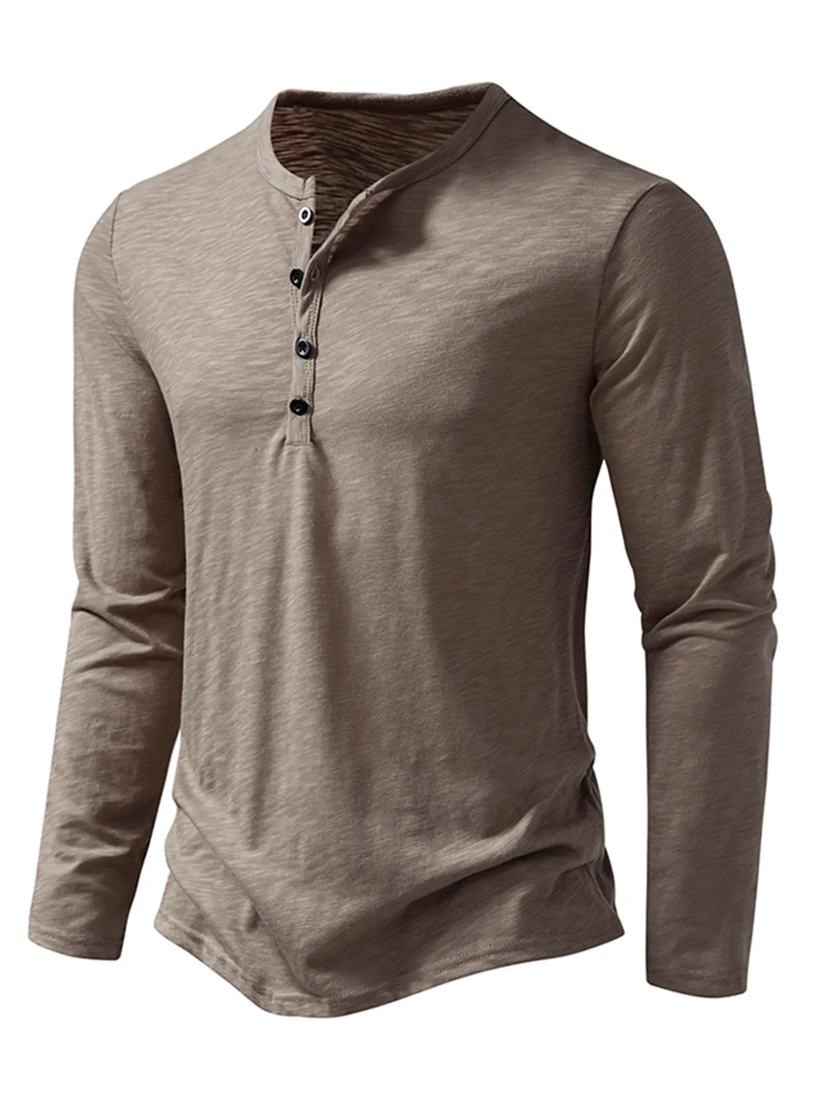 Men's Casual Henley Collar Tee Solid Color Long Sleeve T-Shirt