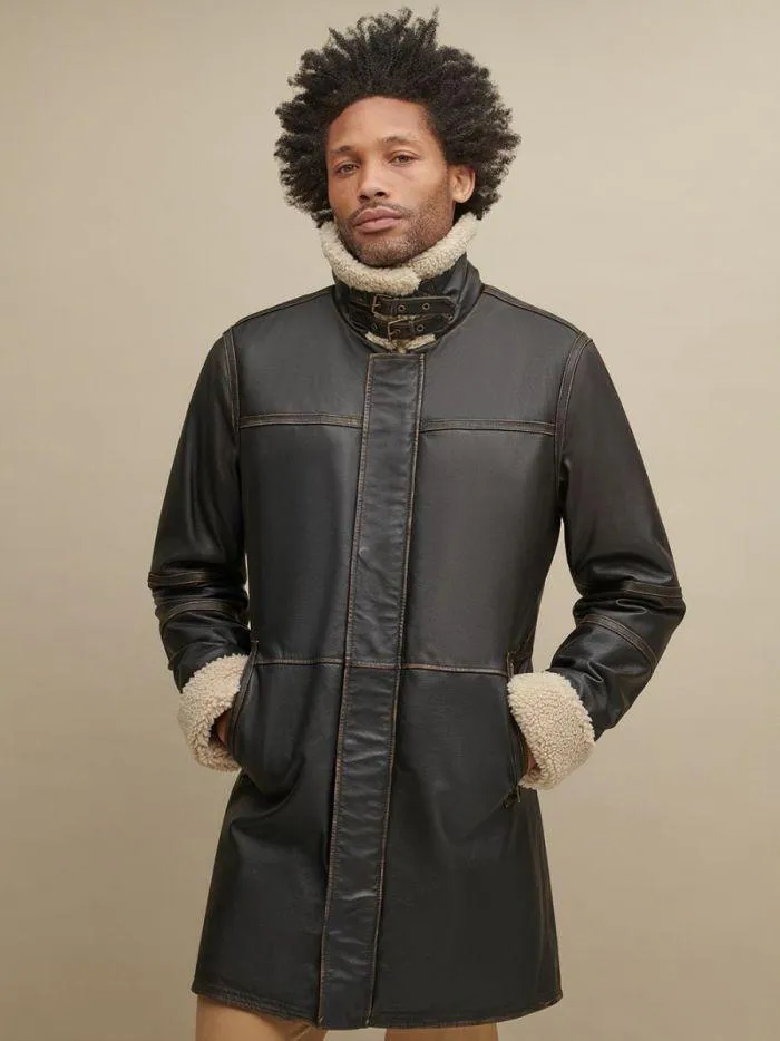 Men's Classic Black Leather Fur Coat | QAWACH