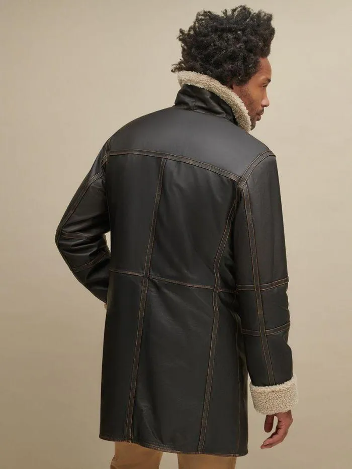 Men's Classic Black Leather Fur Coat | QAWACH