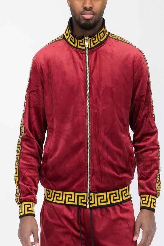 Men's Red Velvet Velour Long Sleeve Track Jacket