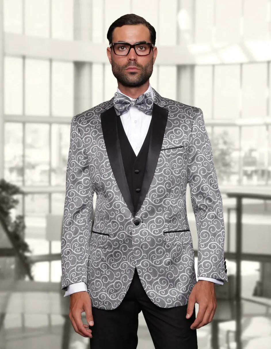 Mens Swirl Paisley Prom Tuxedo in Silver Grey & Black