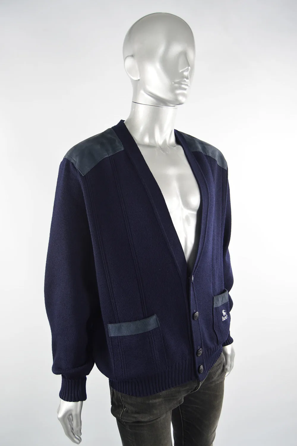 Mens Vintage Blue Suede Elbow Wool Cardigan, 1980s