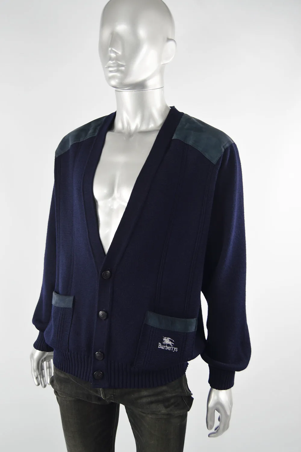 Mens Vintage Blue Suede Elbow Wool Cardigan, 1980s