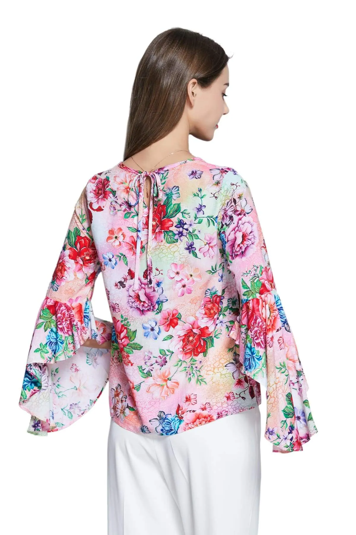 Multicoloured Scoop Neck with Blooming Pink Red and Peach Peony Bell Sleeve Top