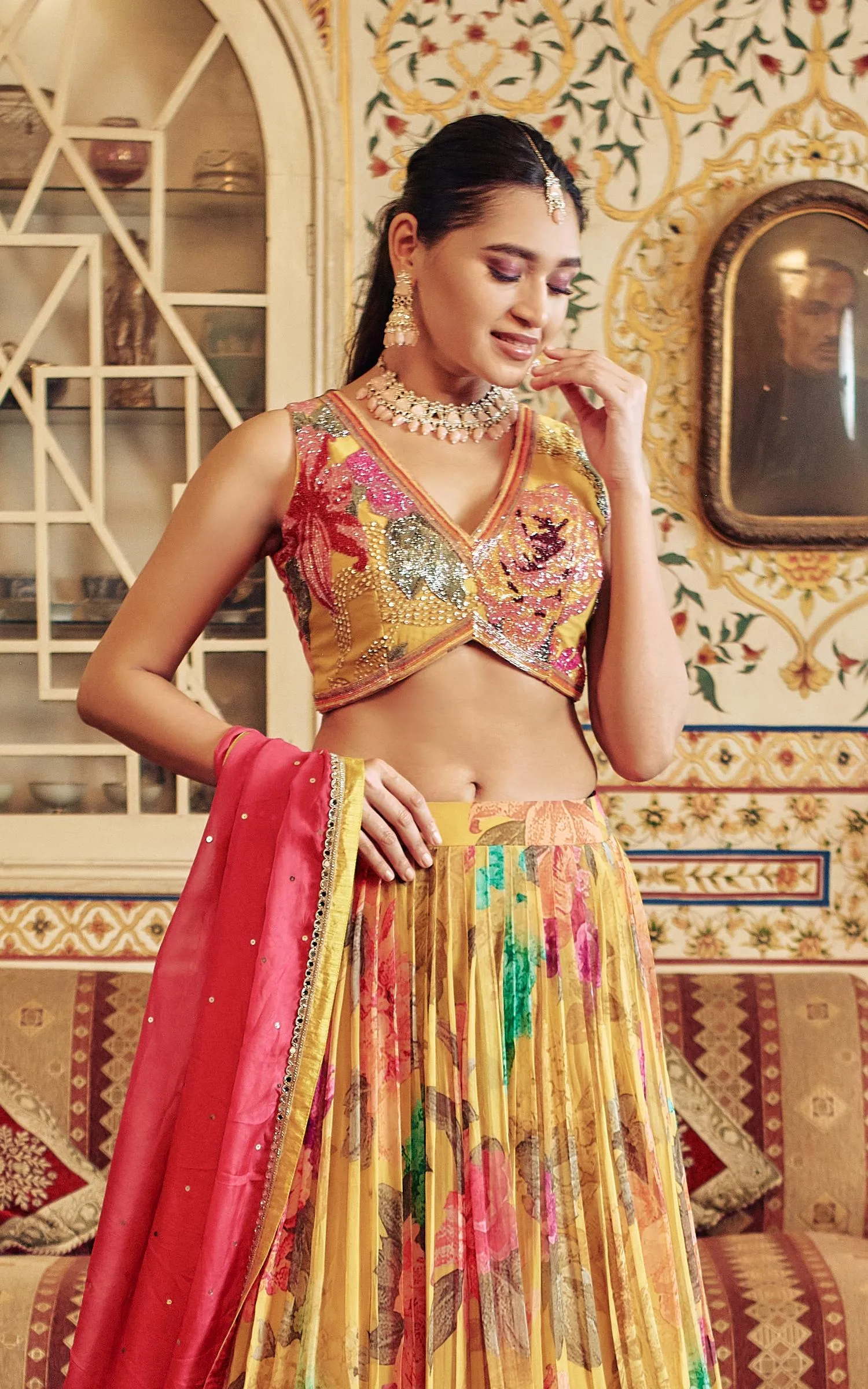 Mustard Yellow Floral Embellished Georgette Silk Lehenga Set