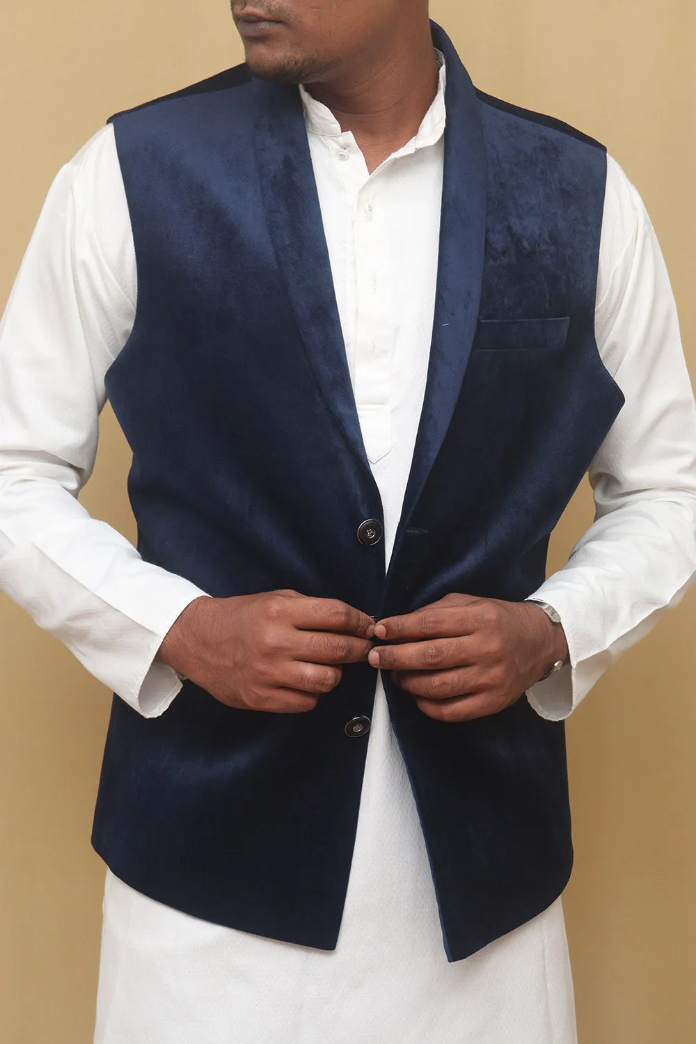 Navy Blue Velvet Cotton Waist Coat