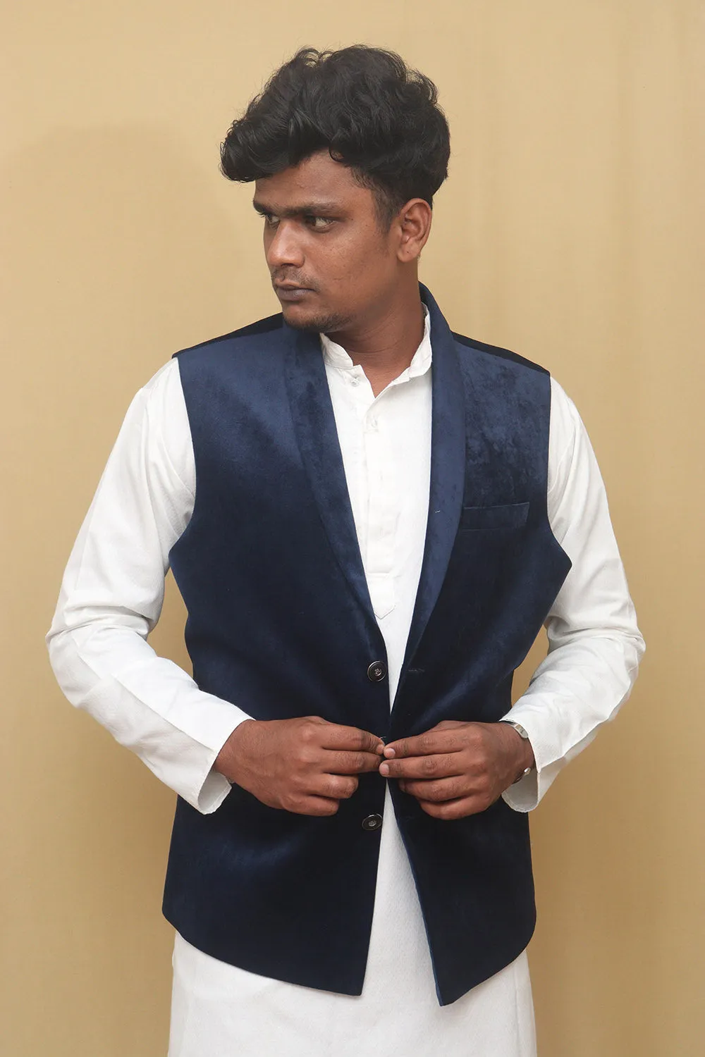 Navy Blue Velvet Cotton Waist Coat