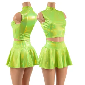 Neon Lime Holographic Crop Top & Circle Cut Skirt Set