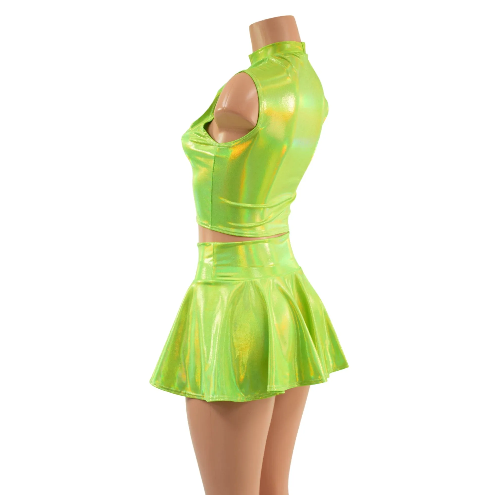 Neon Lime Holographic Crop Top & Circle Cut Skirt Set