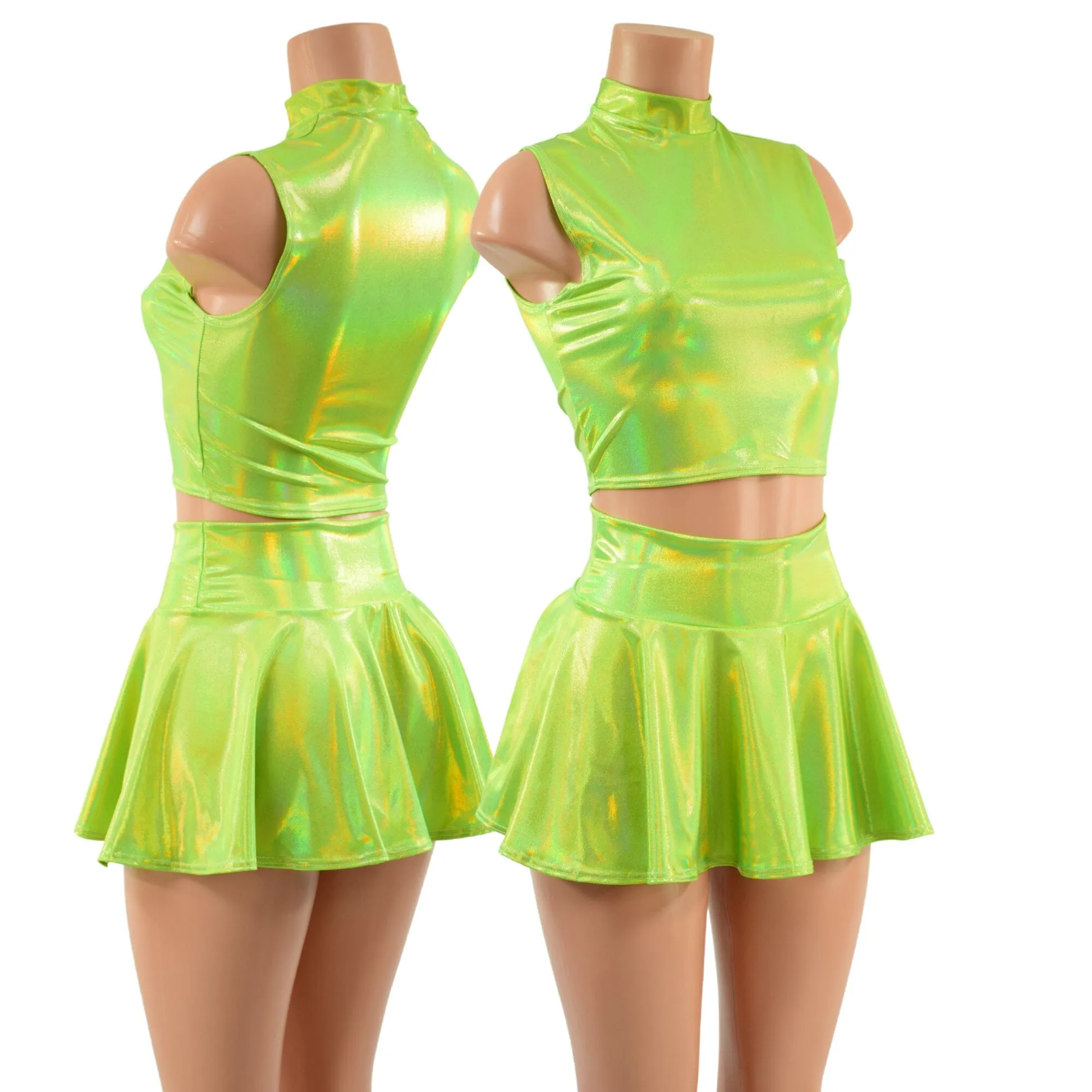 Neon Lime Holographic Crop Top & Circle Cut Skirt Set