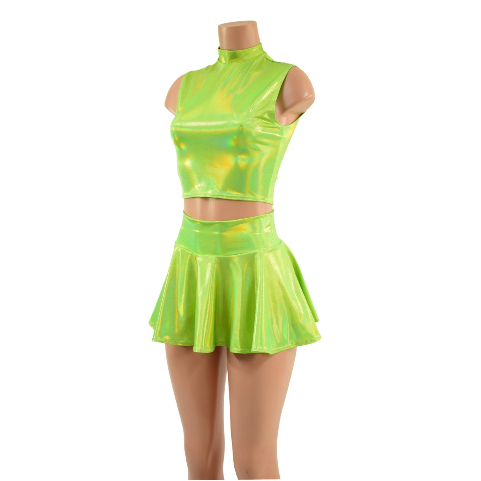 Neon Lime Holographic Crop Top & Circle Cut Skirt Set