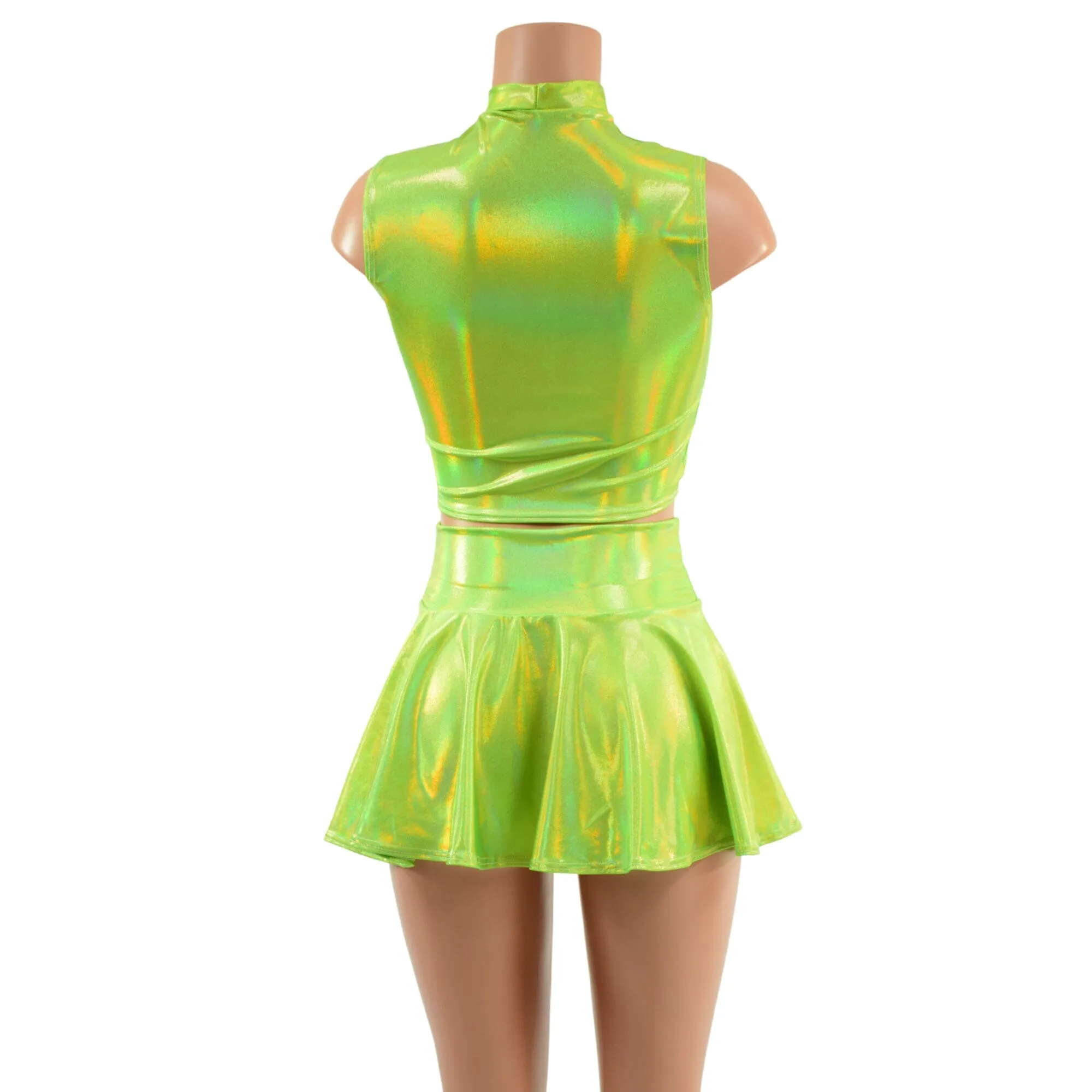 Neon Lime Holographic Crop Top & Circle Cut Skirt Set