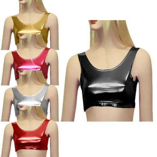 New Girls Shiny Metallic Dance Crop Top Vest Top 5 Colours