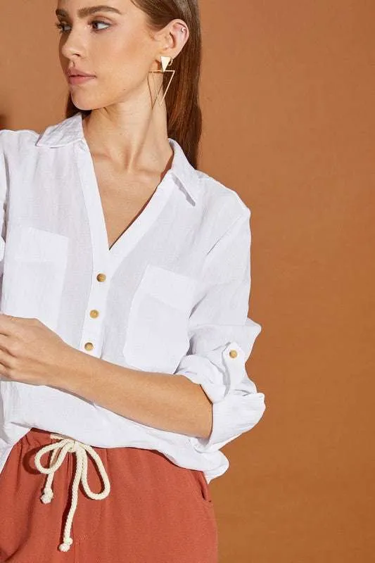 Off White V Neck Button Down Henley Shirt | Nursing Friendly